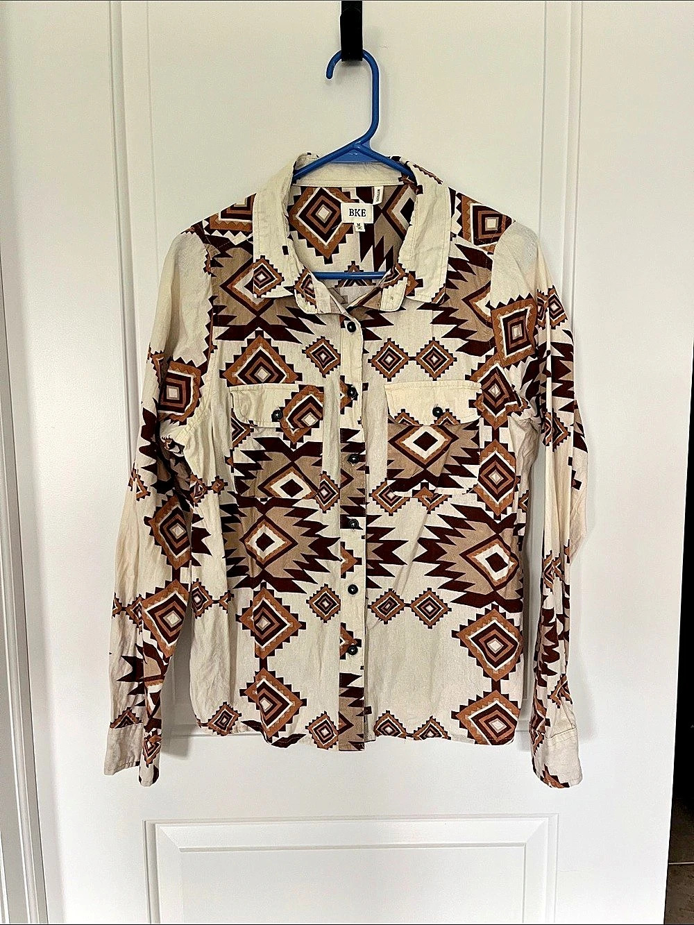 BKE Geometric Button Down in Brown & Cream Size Medium